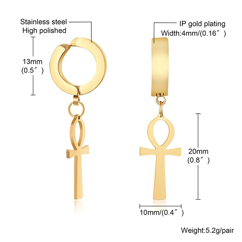 Ankh Cross Huggie Hoop Earrings — Stainless Steel