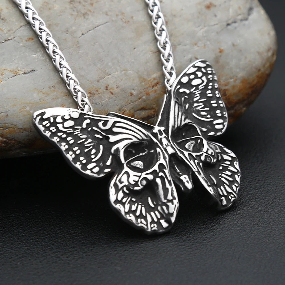 Vintage 316L Stainless Steel Butterfly Skull Pendant Necklace Hip Hop Biker Fashion Animal Necklaces For Men Women