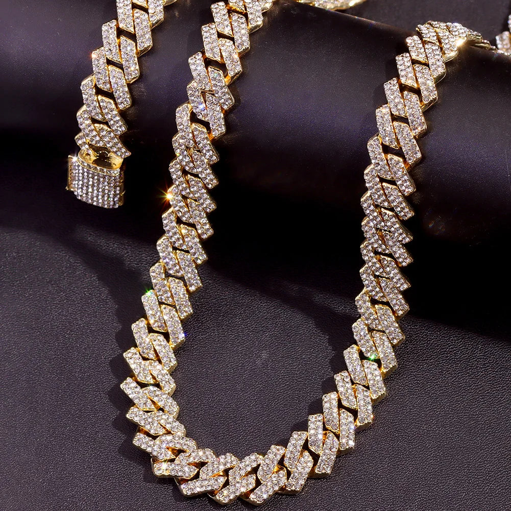 Hip Hop 14MM Prong Cuban Link Chain Necklace & Bracelet Iced Out Bling Cuban Chain Rhinestone Chains For Men Punk