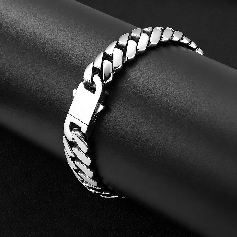 NUOYA Wholesale 12mm Stainless Steel Cuban Link Chain Bracelet High Polished Hip Hop Jewelry Gift for Men
