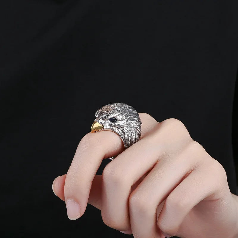 Buyee 925 Sterling Silver Big Ring Finger Cute Eagle Open Ring for Women Man Unique Fashion Animal Punk Fine Jewelry Circle