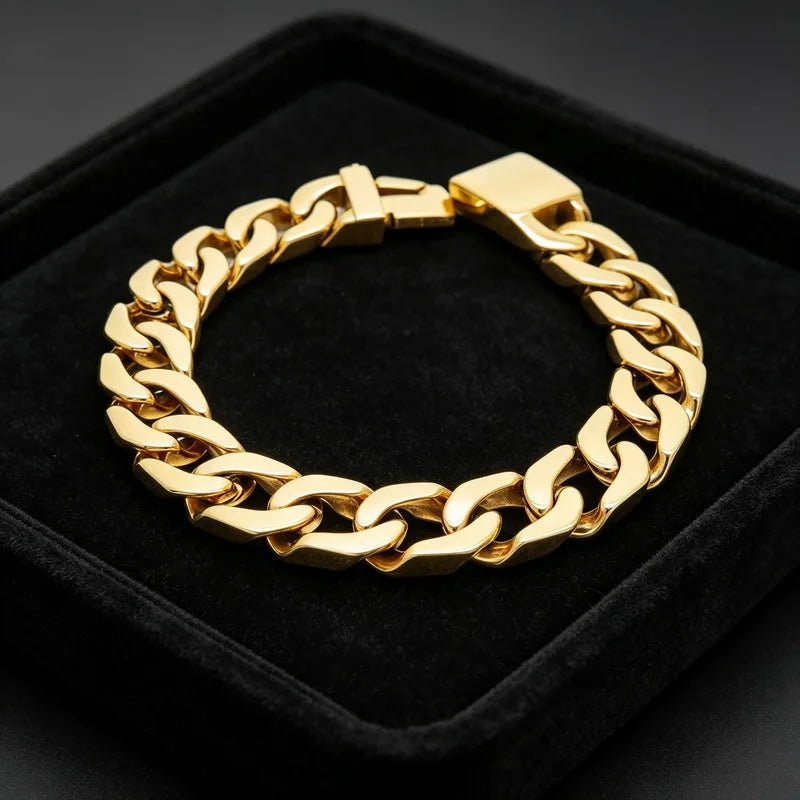 Gold Cuban Curb Link Chain Bangle Bracelet — Stainless Steel