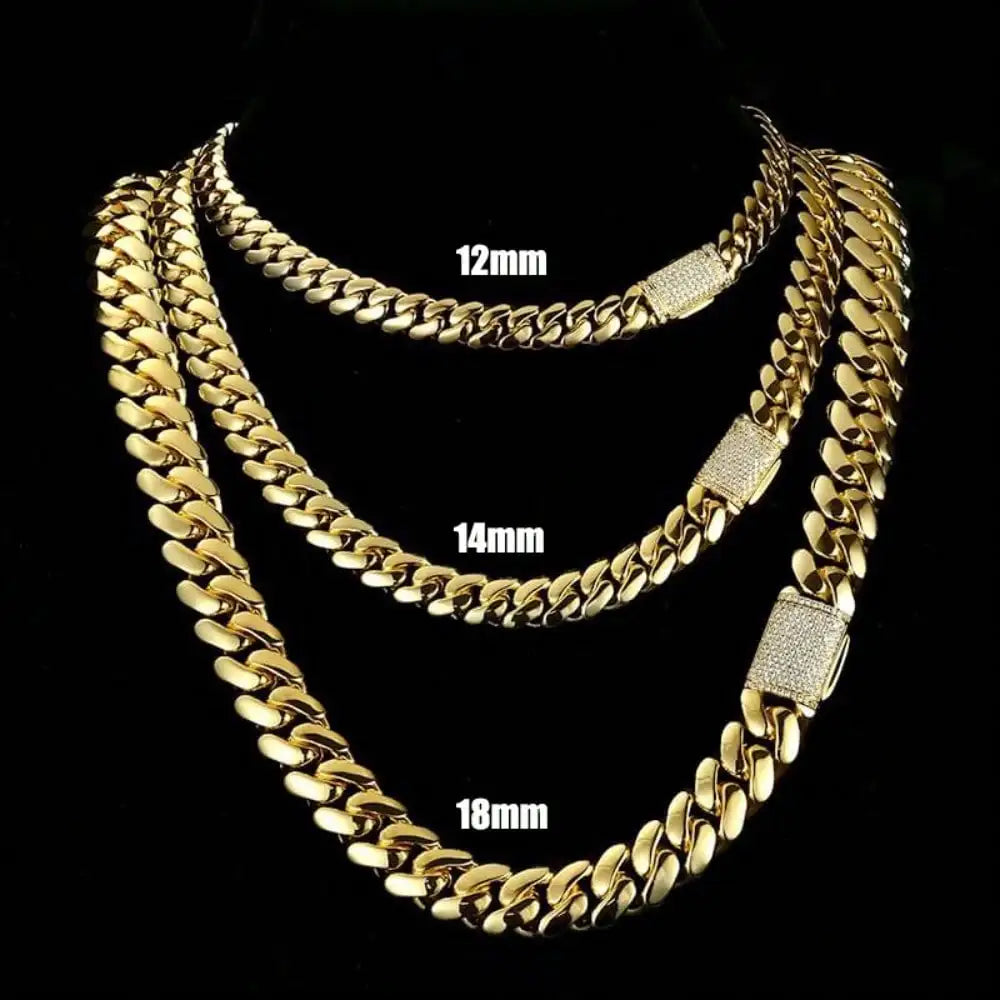 8-14mm Hip Hop Bling Iced Out 18k Gold-plated Stainless Steel Dense Cuban Miami Link Chain Necklaces for Unisex Rapper