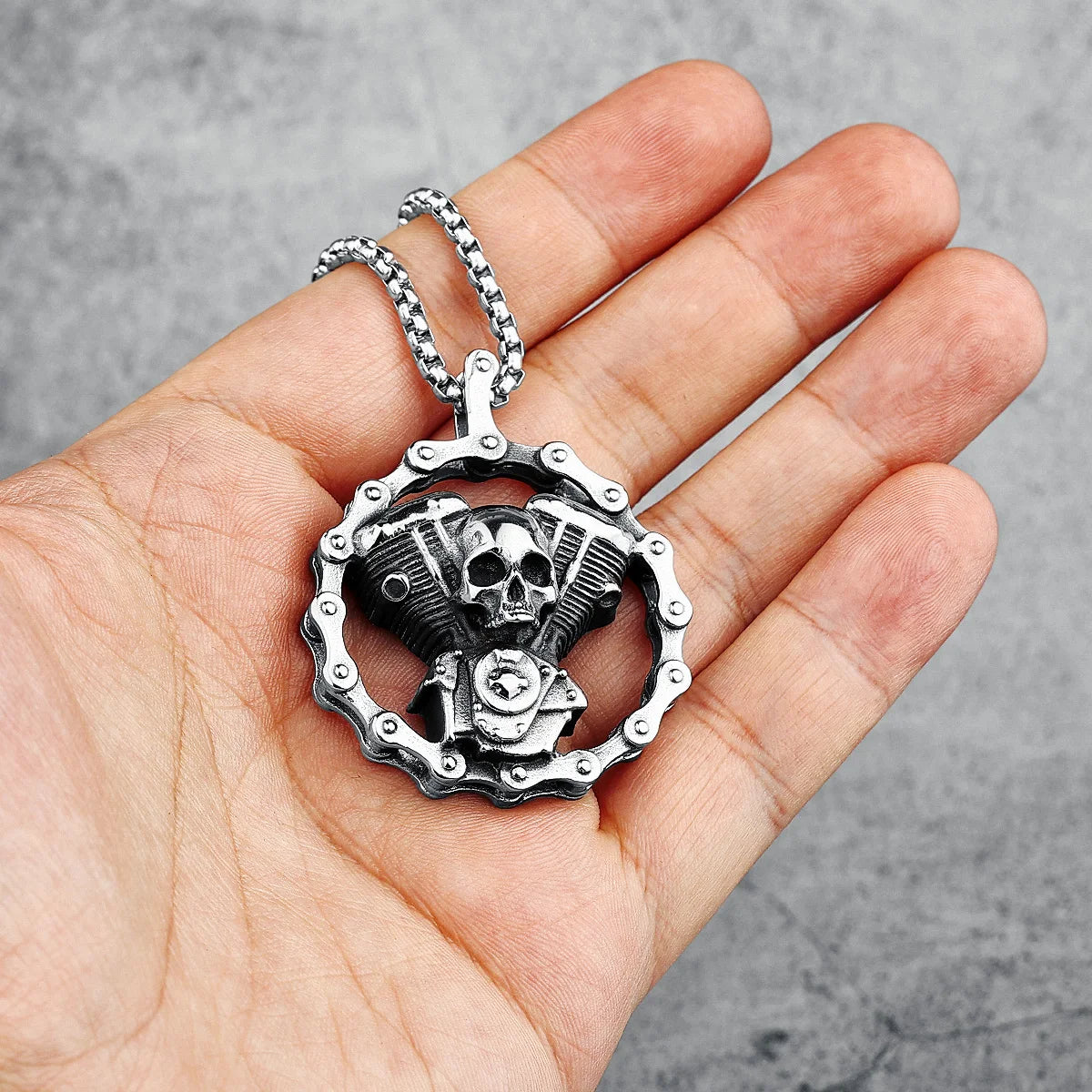Retro Skull Engine Necklace Chain Machine 316L Stainless Steel Men Skeleton Pendant Rock Punk for Male Biker Rider