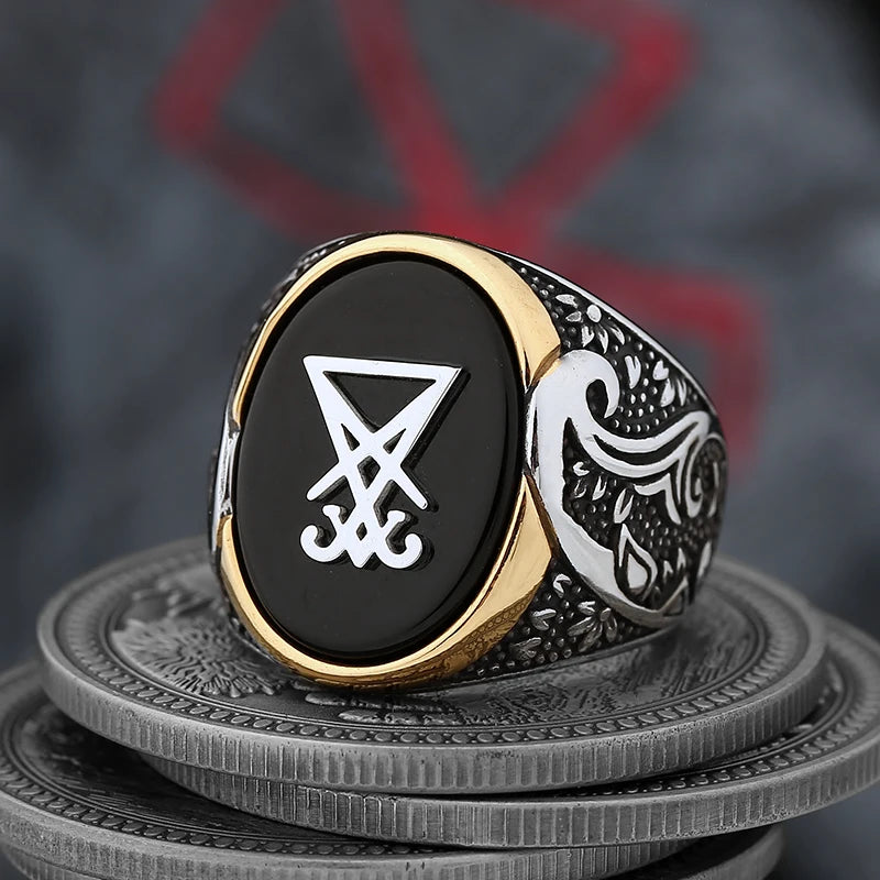 Vintage Sigil Lucifer Rock Ring 316L Stainless Steel Seal of Satan Stone Rings for Men Male Punk Rock Jewelry