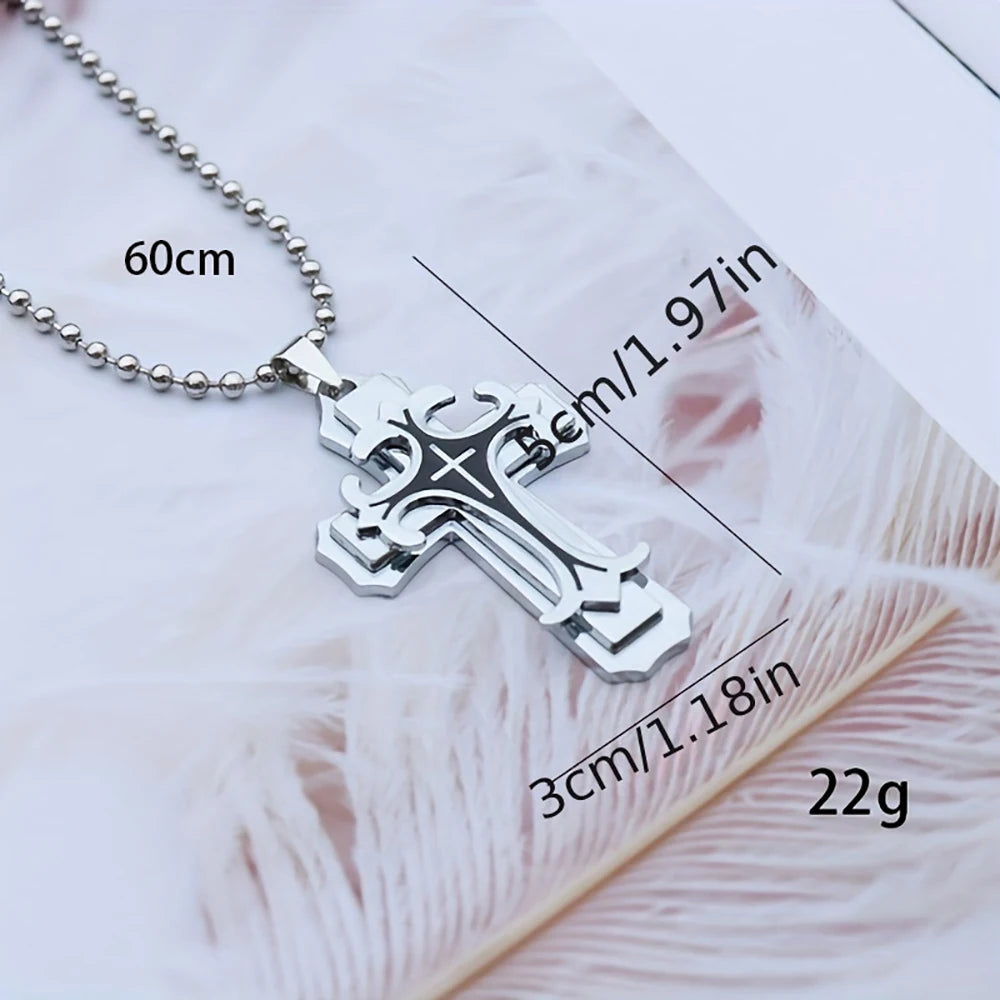 Necklace For Men 2024 New Titanium Steel Three-layer Cross Pendant Ball Chain Fresh Sweet Fashion Necklace