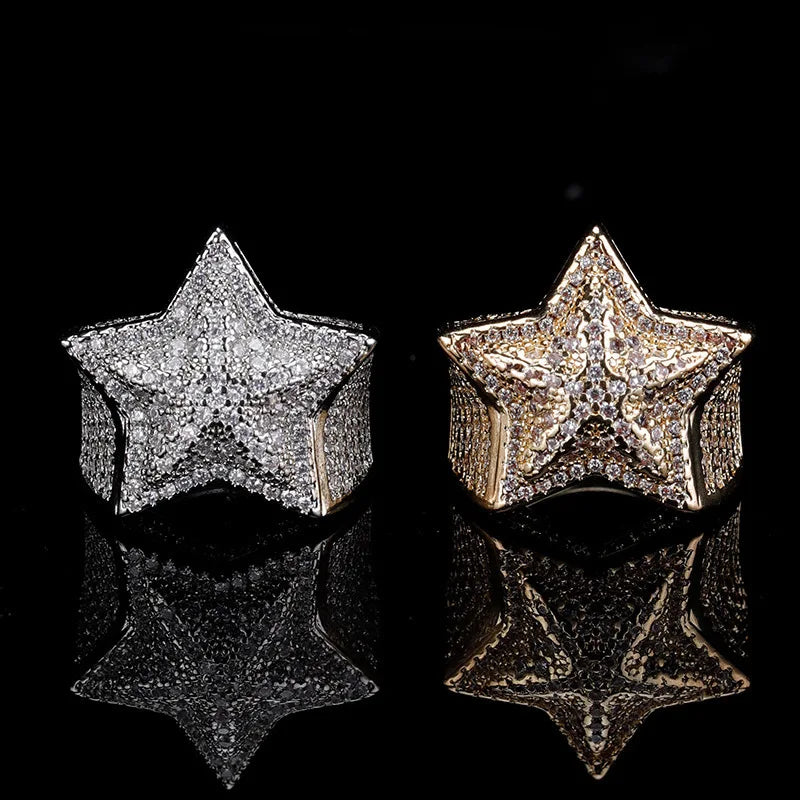 New in Hip-hop Style Trendy Fashion Star Rings for Women Domineering Inlaid Full Pentagram Female Ring Jewelry