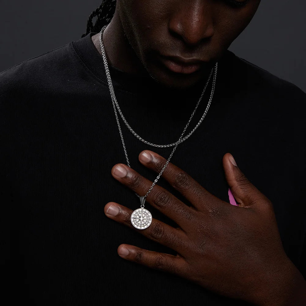 Layered Compass Cuban Figaro Necklace — Stainless Steel