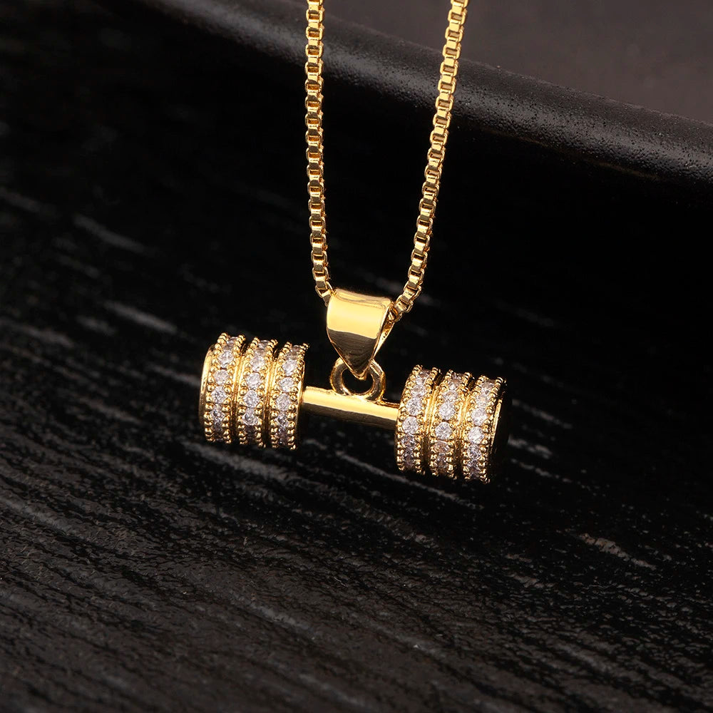 Fashion Crystal Barbell Dumbbell Pendant Necklace Fitness Weightlifting Necklace Women's Gym Sports Copper Jewelry Gift