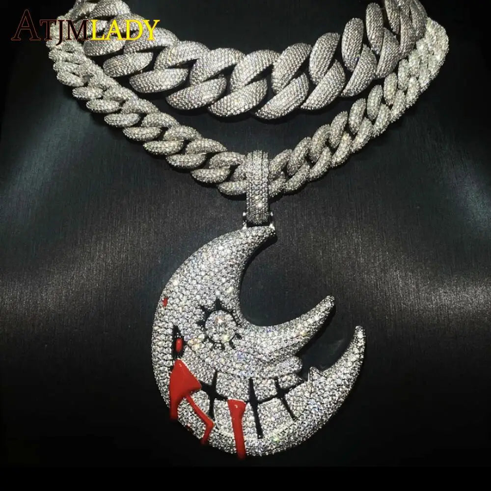Men's Moon Shaped Mouth Face Pendant Iced Out Bling 5A CZ Cubic Zircon Tennis Chain Personality Hip Hop Rock Necklace Jewelry