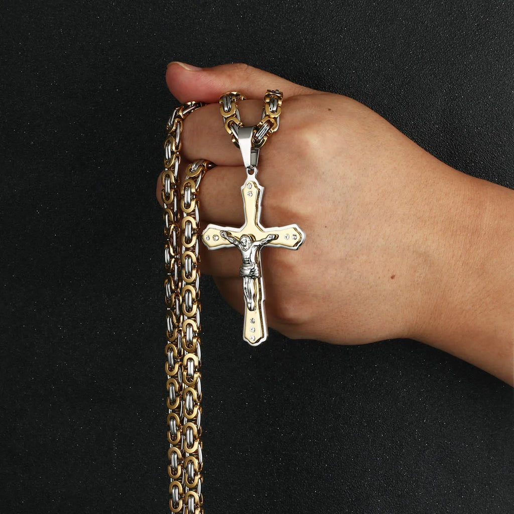 Holy Cross Jesus Crystal Crucifix Necklace — Stainless Steel