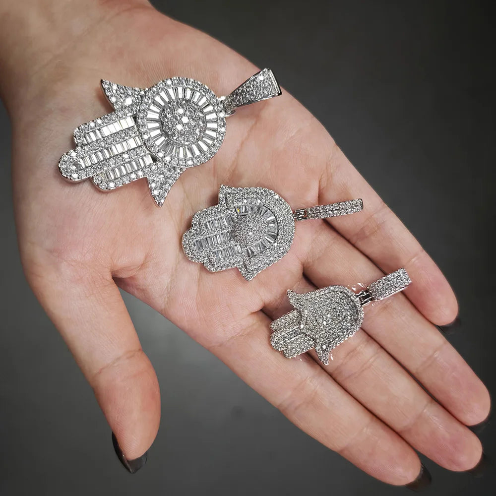 Iced Out Hamsa Pendant Necklace Stainless Steel