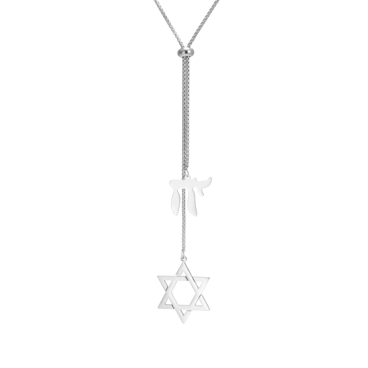 Star of David Chai Double Pendant Long Necklace — Stainless Steel