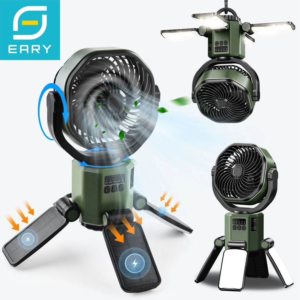 Eary Solar Powered Fan 6000mAh Battery Operated 4 Speed Wind With Led Light Outdoor Tent Fans for Camping Essentials