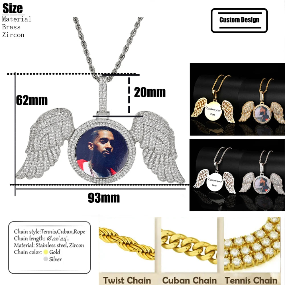 Angel Wings Photo Pendant Necklace Iced Out