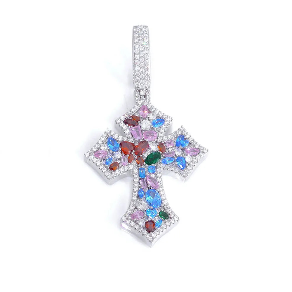 Cross Pendant Necklace Iced Out Colorful CZ