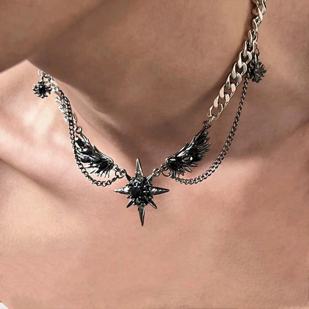 Demon Wings Black Heart Pendant — Silver