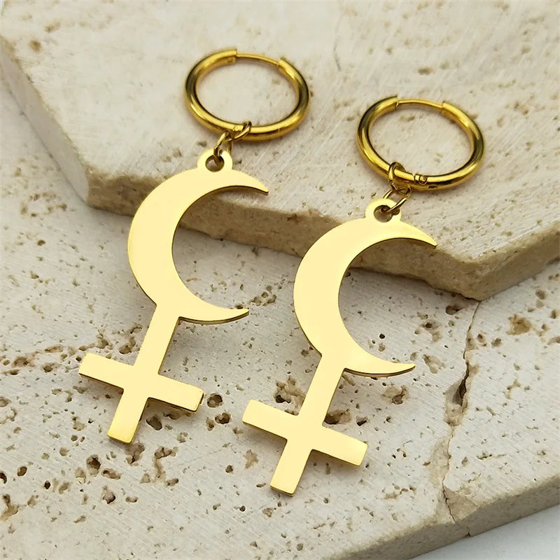 Cross Moon Gold Earrings Crescent Inverted Astrological