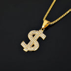 Hip Hop Bling Iced Out Stainless Steel Dollar Sign $ Pendants Necklace for Men Rapper Jewelry Gold Color