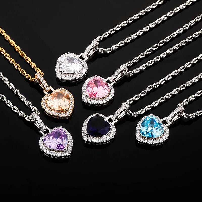 Iced Out Heart Pendant Necklace Stainless Steel CZ
