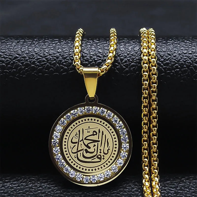 Muslim Islamic Religious Stainless Steel Crystal Necklace Women Islam Quran Allah Pendant Necklaces Arabic Jewelry