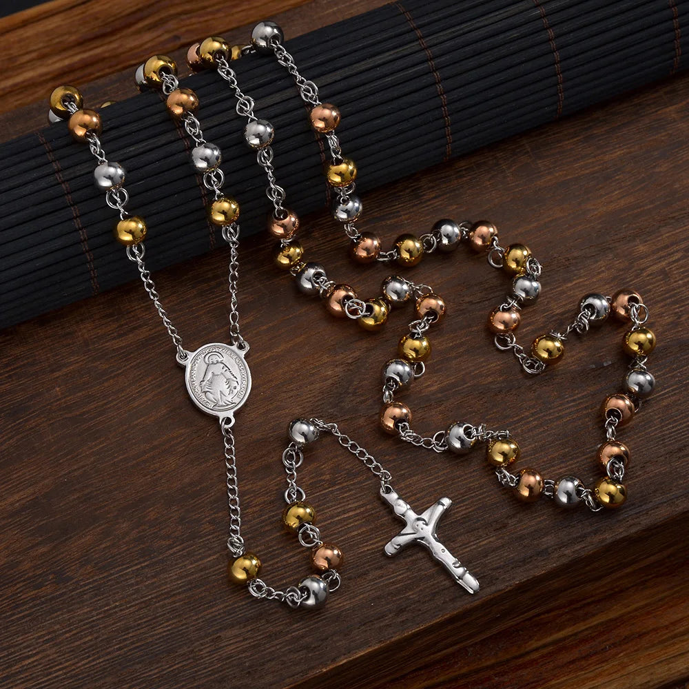 Saint Benedict Virgin Mary Rosary Necklace — Stainless Steel
