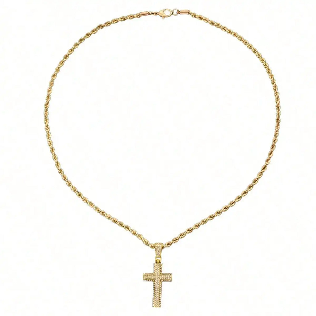 1PC Gold Plated Cross Pendant Necklace Men Zircon Paved Rope Chain Hip-hop Streetwear Daily Party Jewelry Accessory