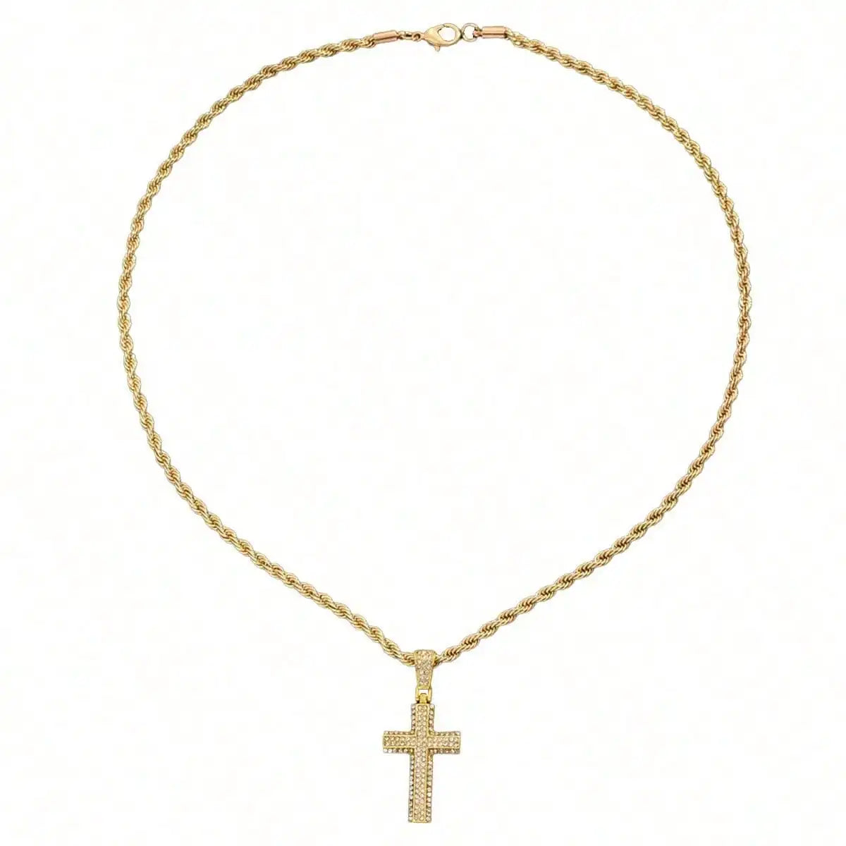 1PC Gold Plated Cross Pendant Necklace Men Zircon Paved Rope Chain Hip-hop Streetwear Daily Party Jewelry Accessory