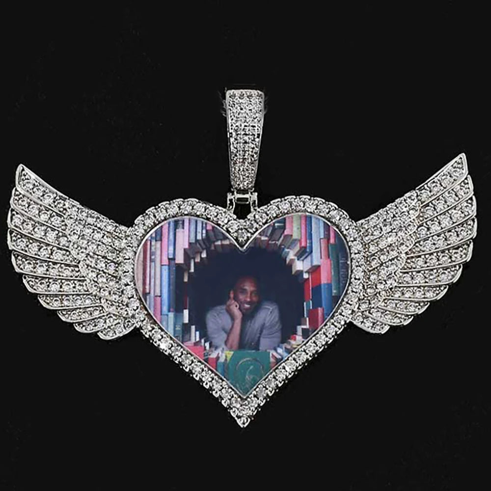 Angel Wings Photo Pendant Necklace Iced Out