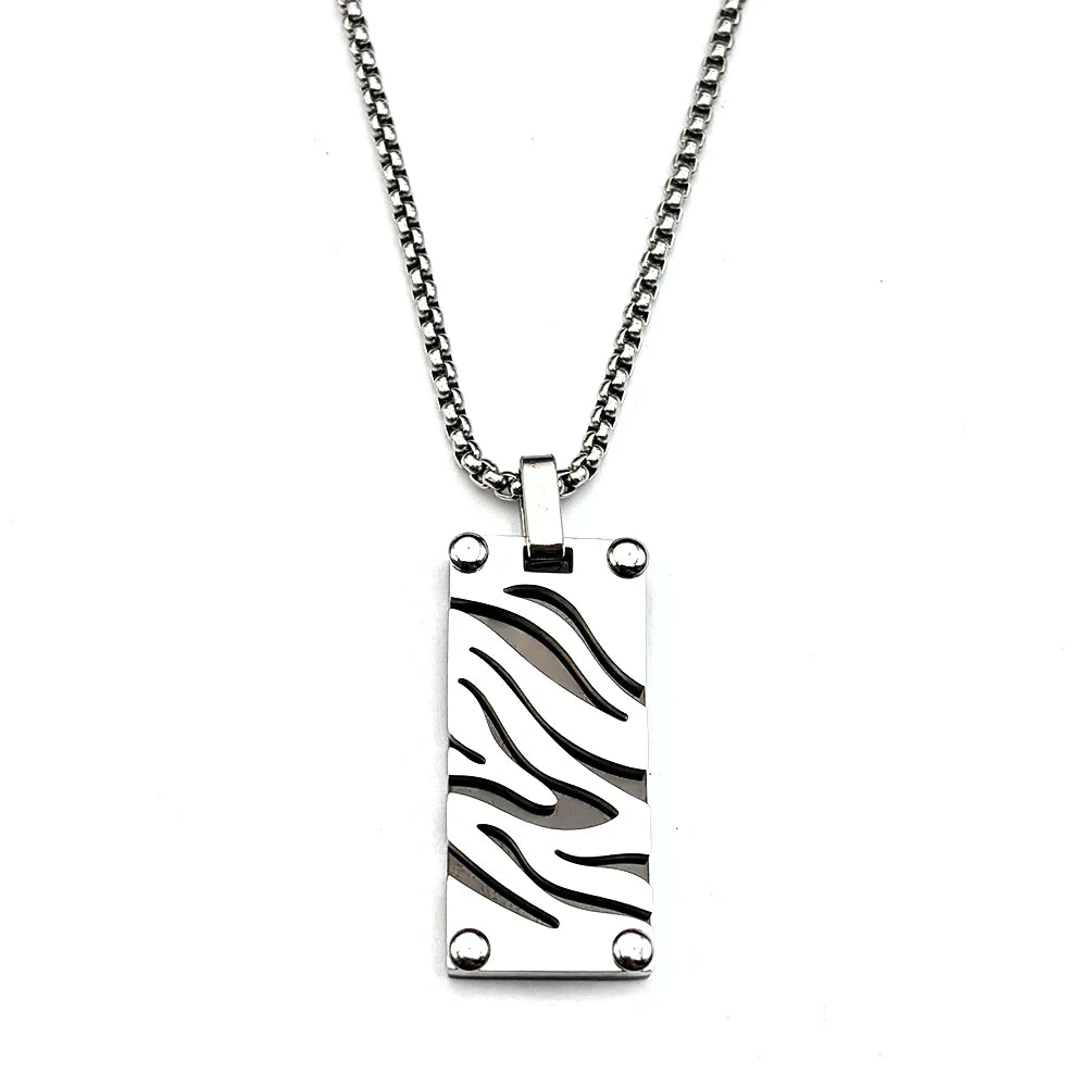 Hip Hop Stainless Steel Two-Tone Hollow Geometric Zebra Print Dog Tag Pendant Necklace for Men Male Punk Chain Jewelry Gift