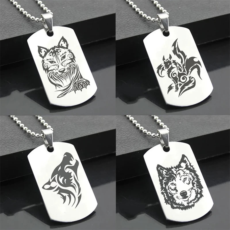 Wolf Dog Tag Pendant Necklace — Stainless Steel