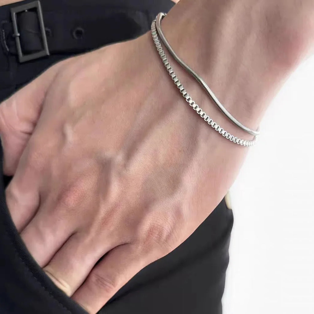 Silver Box Chain Bracelet Set — Stainless Steel