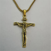 Jesus Crucifix Cross Pendant Necklace Wheat Chain 60cm — Two-Tone