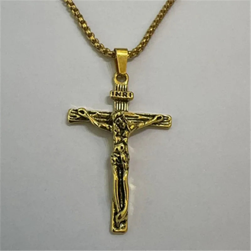Jesus Crucifix Cross Pendant Necklace Wheat Chain 60cm — Two-Tone