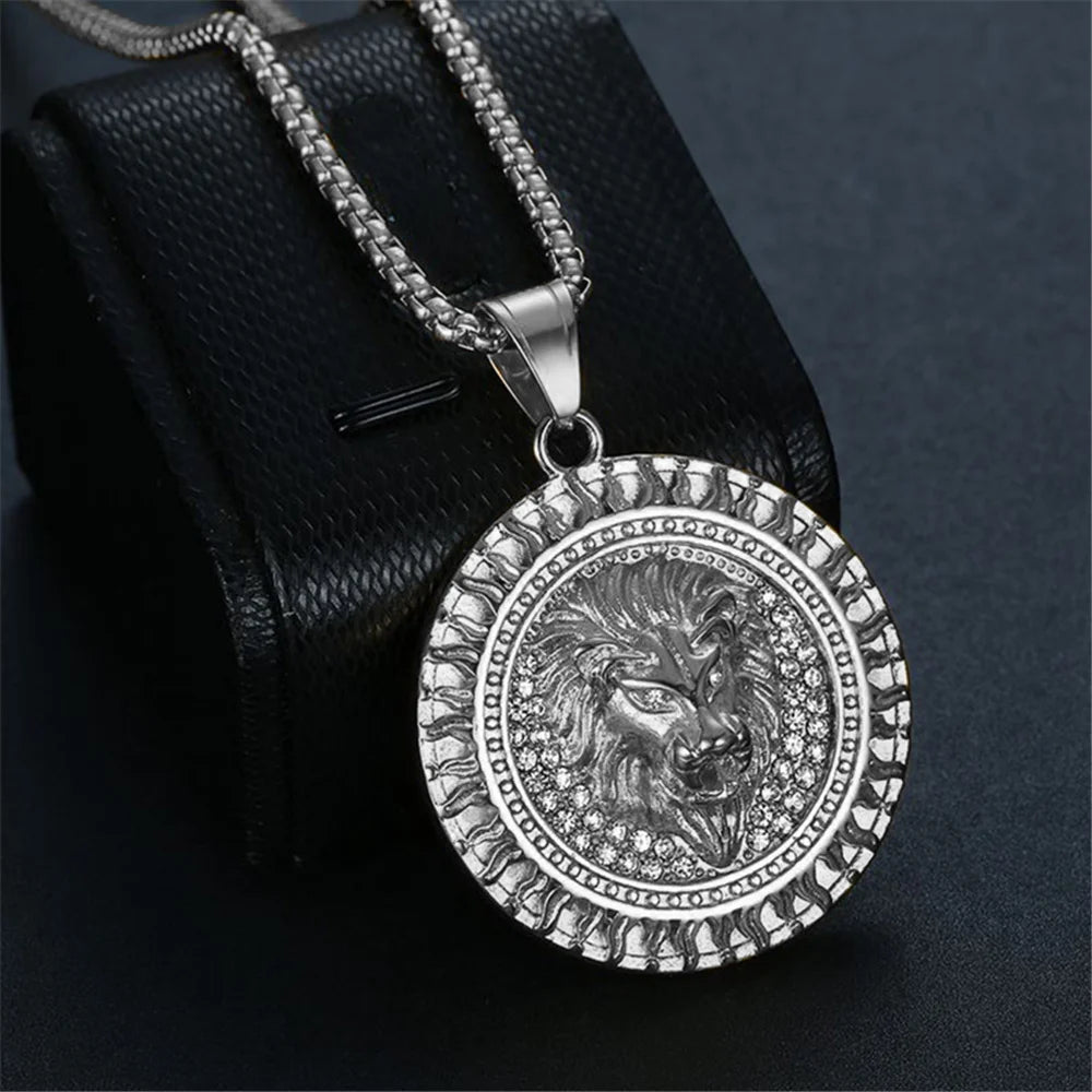 Iced Out Lion Head Round Pendant — Two-Tone
