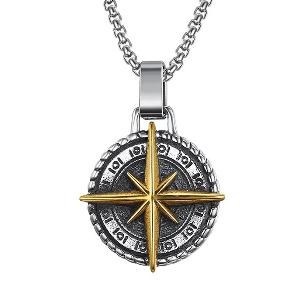 Viking Compass Stainless Steel Pendant Necklace