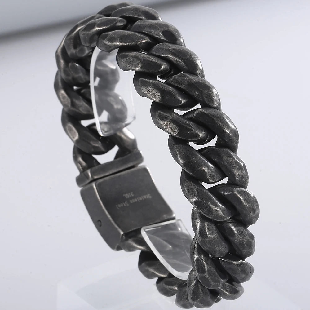 Vintage Black Cuban Link Chain Bracelet for Men 19MM Width Stainless Steel Men's Wristband Fashion Jewelry Accessory