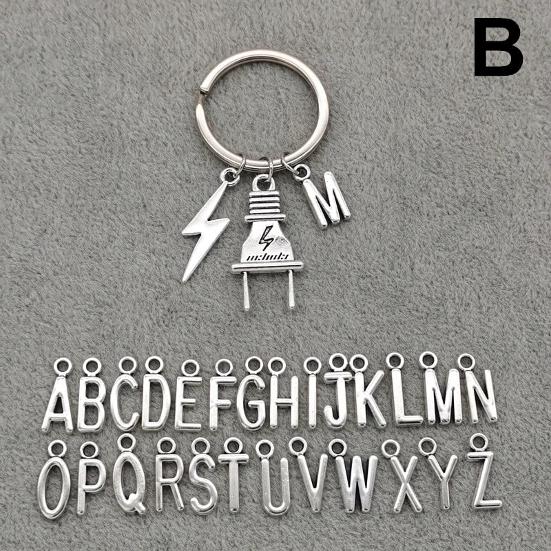 Fashion A-Z Letter Charm Lightning Bolt Plug Electrician Keychain for Electrical Worker Bag Car Keyring Gifts