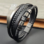 Men's Stainless Steel Luxury Magnetic Buckle Braided Multi-layer Leather Cylinder Hexagonal Bead Bracelet Men's Jewelry