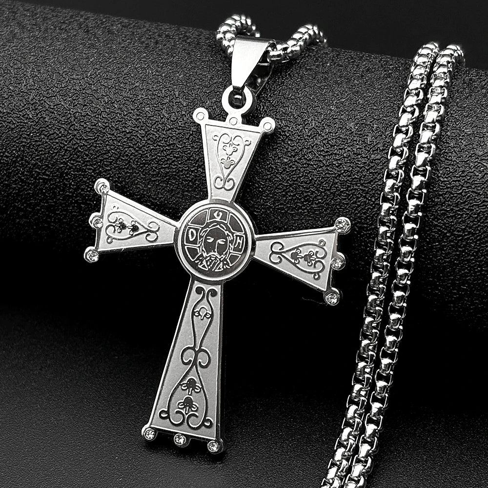 Christian Baroque Style Jesus Cross Pendant Necklace for Women Men Stainless Steel Gold Color Rhinestone Holy Pray