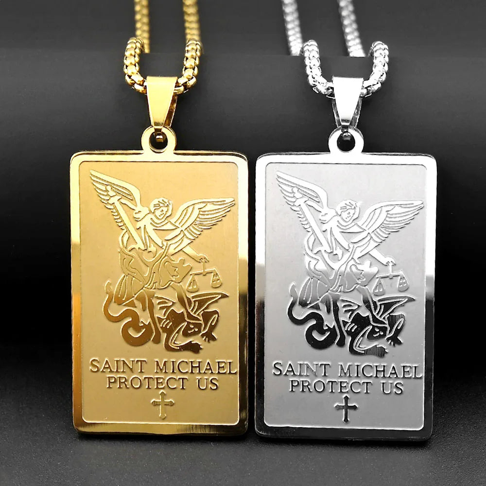 Christian Archangel Saint Michael Protect Us Cross Medal Pendant Necklace Stainless Steel Chain Amulet Jewelry Gift