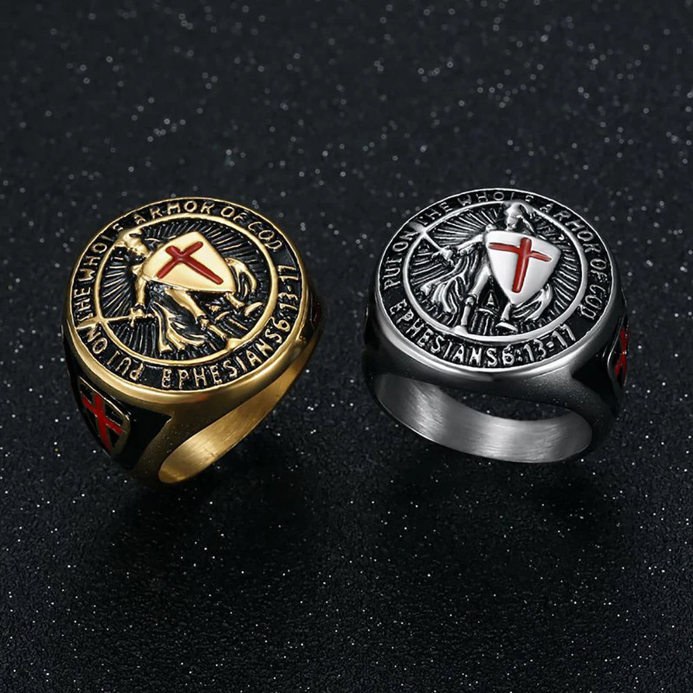 Vintage Stainless Steel Knights Templar Rings For Men Women Hip Hop Biker Cross Warriors Red Shield Ring Amulet Jewelry