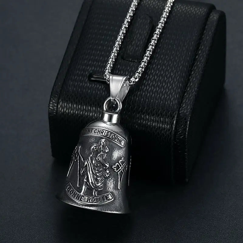 St. Christopher Bell Necklace Pendant Men's Cycling Lucky Charms Exorcism Jewelry Motorcycle Accessories