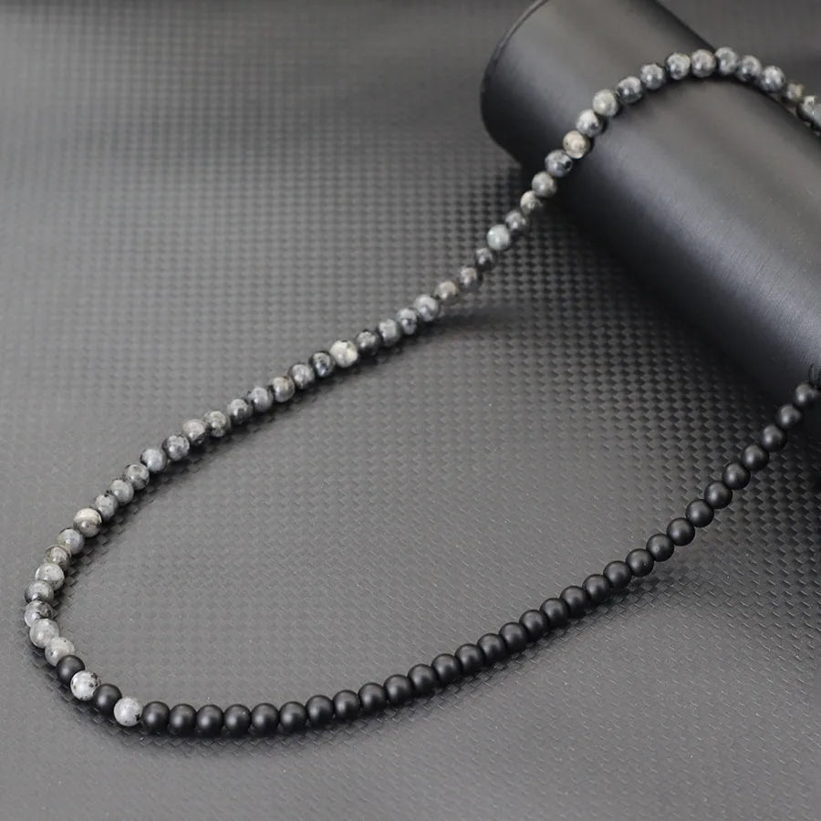 Stylish 6mm Stone Healing Necklace For Men 24 Inches Long Collar Stainless Steel Buckle Black White Yin Yang Bicolor