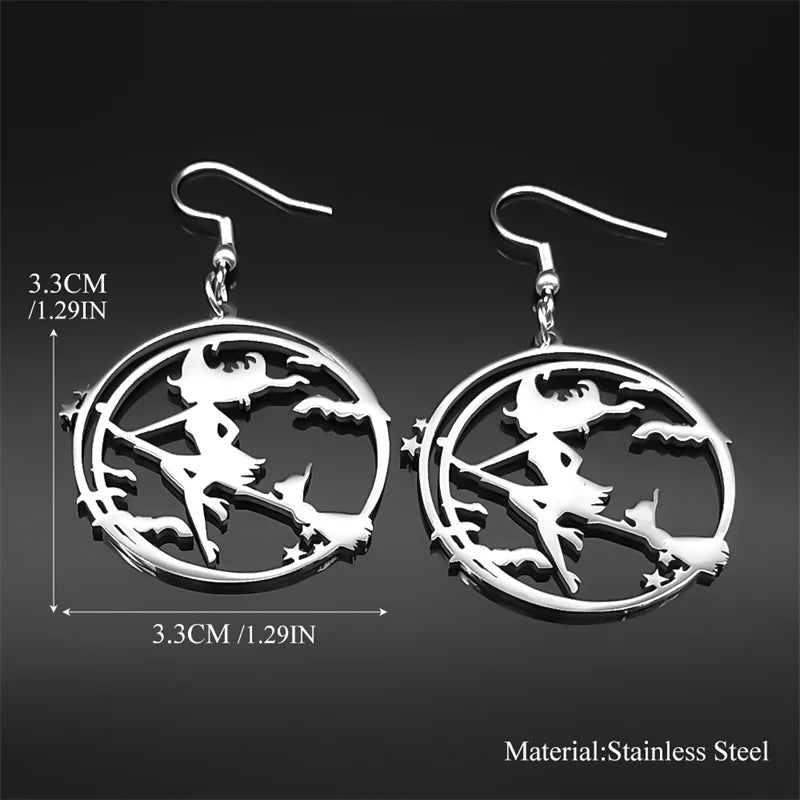 Bat Silver Earrings Goth Magic Cartoon Witch Broom