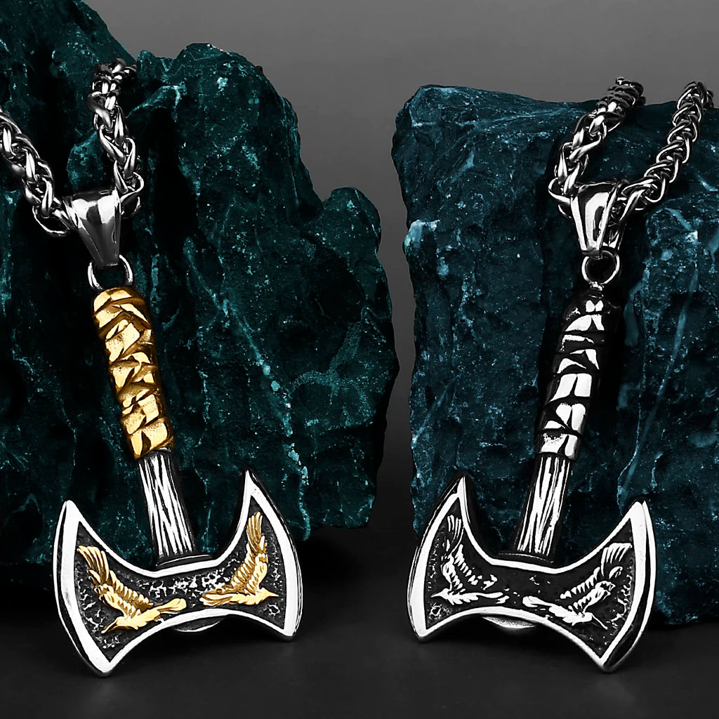 Viking Odin Raven Huginn and Muninn Double Axe Titanium Steel Stainless Steel Necklace Pendant Men's Scandinavian