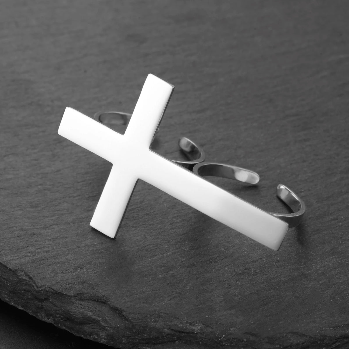 Big Cross Open Ring Two Finger Gothic Christian — Stainless Steel