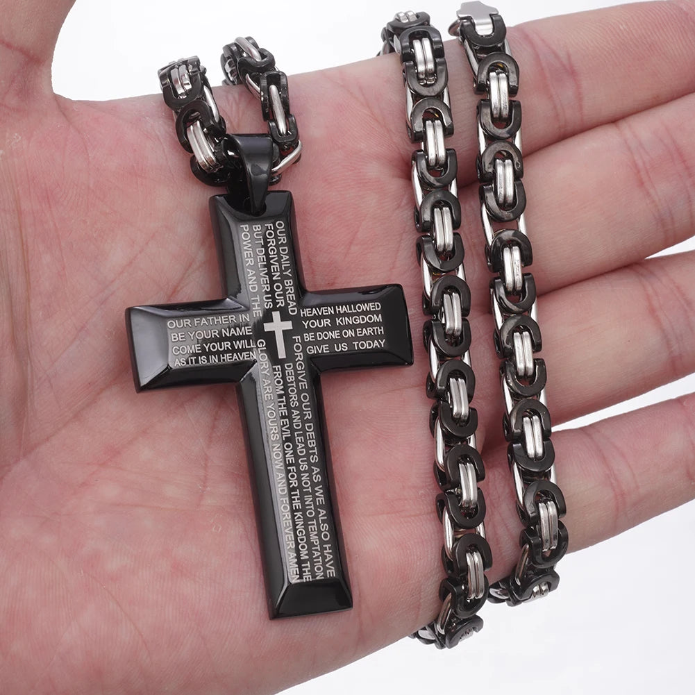 Bible Cross Pendant Necklace Byzantine Chain — Stainless Steel
