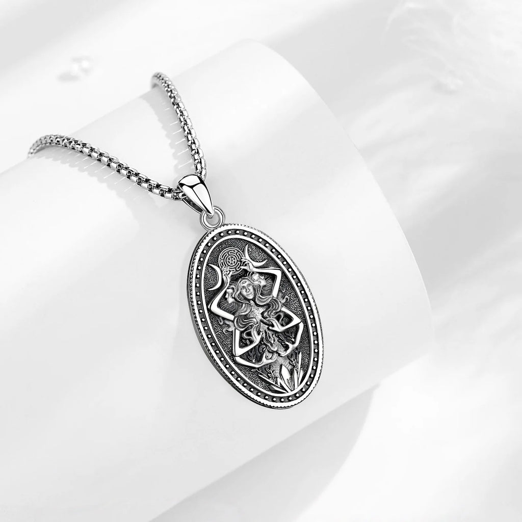 AEONSLOVE Silver Hecate Triple Moon Goddess Necklace Vintage Oval Pendant Wicca Pagan Jewelry Protection Amulet