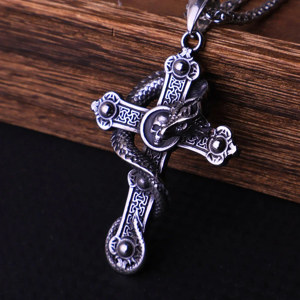 Gothic Skull Cross Dragon Pendant Necklace — Stainless Steel